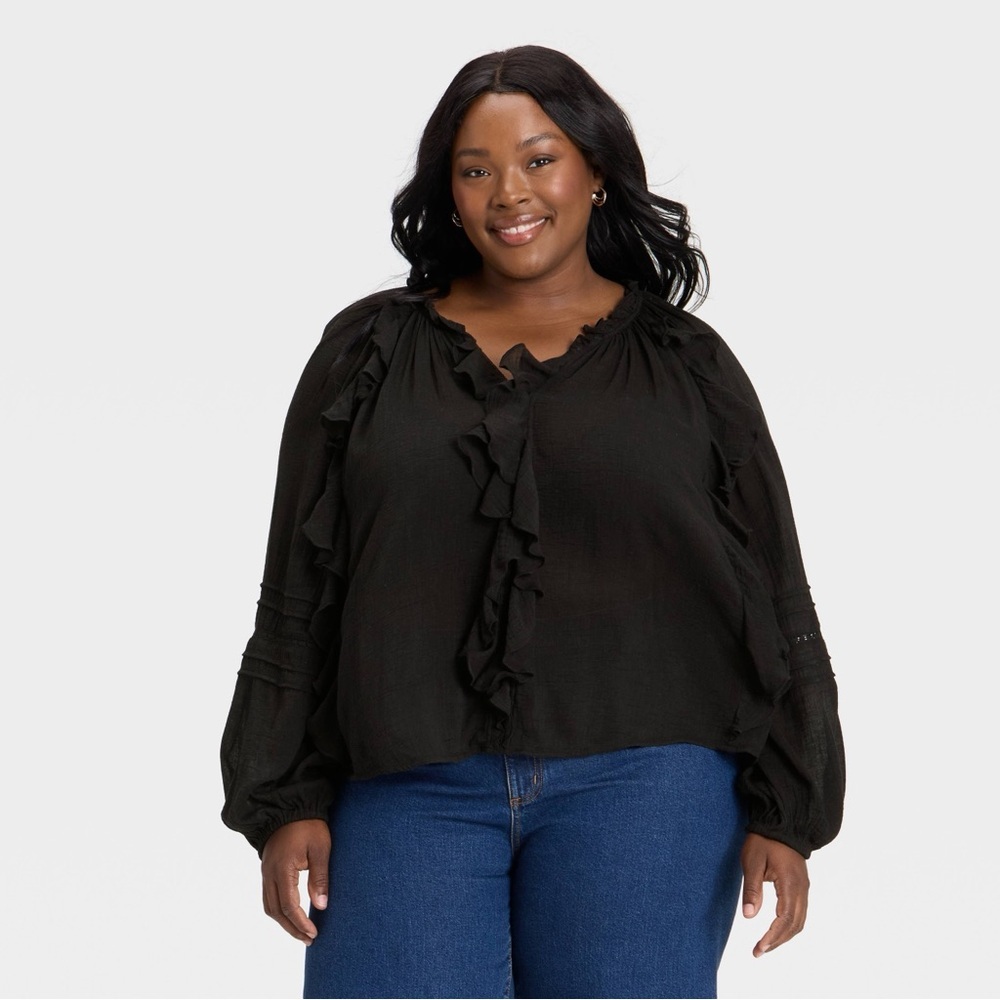 Women's Balloon Long Sleeve Ruffle V-Neck Blouse - Black 2X